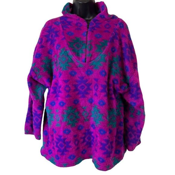 Vintage 90s Tribal Fuchsia Fleece Hoodie Pullover Sweater - Picture 12 of 12
